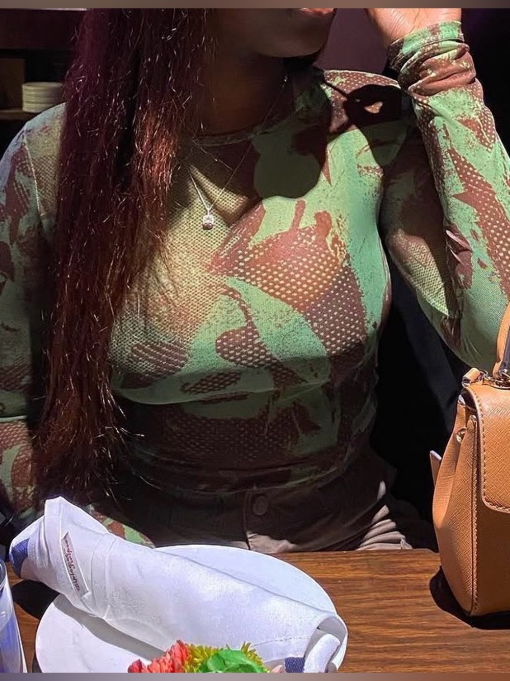 Billie Eilish Sheer Mesh Olive Green & Brown Long Sleeve Crop Top | H&M